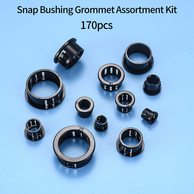 [Australia - AusPower] - 170 Pcs Cable Snap Bushing Grommets, Black Round Nylon Snap in Cable Grommet Protector, 5/16" 3/8" 1/2" 5/8" 3/4" 1" Cable Snap Hole Plugs Locking Bushing Assortment Kit 