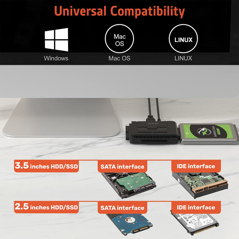 Alxum USB 3.0 to IDE SATA Converter, for Universal 2.5 & 3.5 inches SATA HDD SDD & IDE HDD Drives, Hard Drive Adapter with 12V 2A Power Adapter and USB 3.0 Cable (Type C) Y-3322C