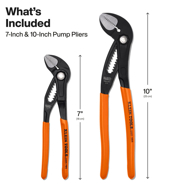 Klein Tools D5052BSKIT Straight Jaw Quick-Adjust Pump Pliers Set, 7-Inch and 10-Inch Adjustable Pliers Set, Heavy-Duty Hand Tool with Serrated Teeth 7-Inch & 10-Inch