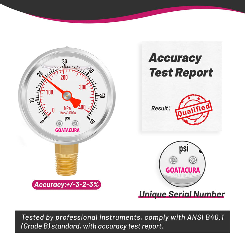 [Australia - AusPower] - 0-60psi/kpa Glycerin Filled Pressure Gauge, 2" Dial Size, 304 Stainless Steel Case, 1/4" NPT Lower Mount, with High Accuracy, for Measuring Water Air Hydraulic Pressure 0-60psi 