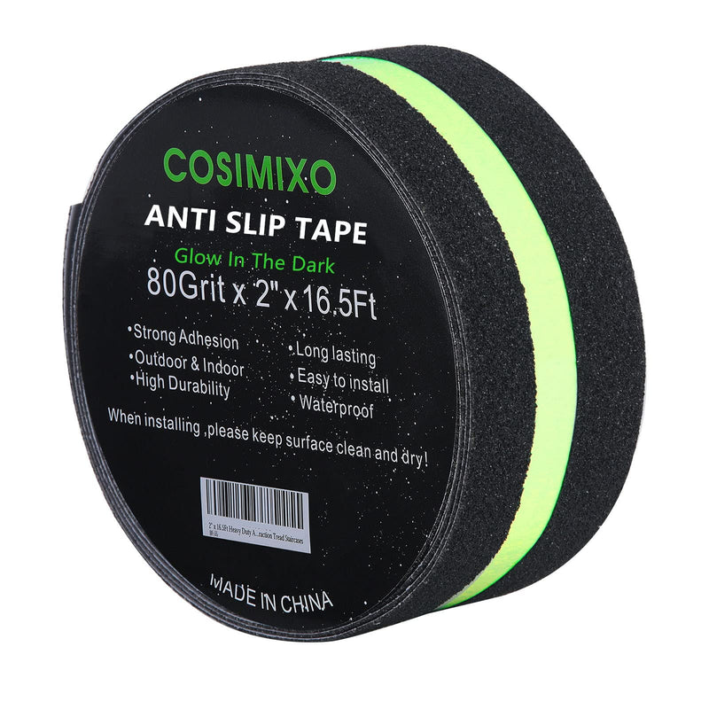 COSIMIXO 2" x 16.5FT Anti Slip Tape with Glow in The Dark Stripe,Premium Grip Tape Non Slip Stair Treads Tape,Non Skid Tape, High Traction Adhesive for Stairs Step Black/Green 2Inch x 16.5Ft