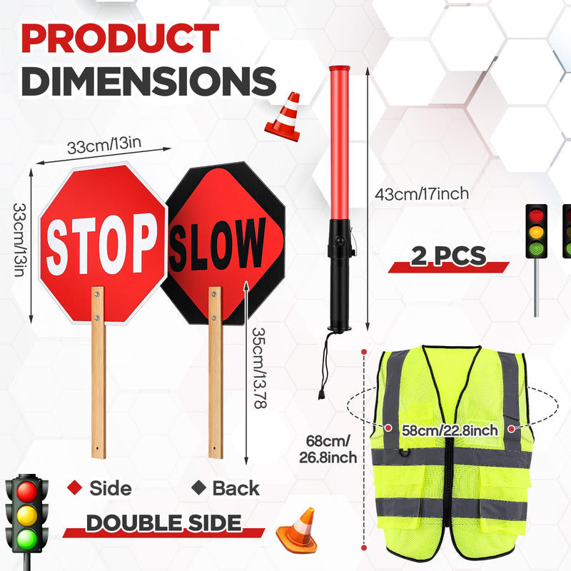 4 Pcs Stop Slow Sign Signal Traffic Wand Reflective Safety Vest Set 13" Crossing Guard Stop Sign with Handle 17" LED Traffic Control Baton High Visibility Security Vest for Road Airport Parking