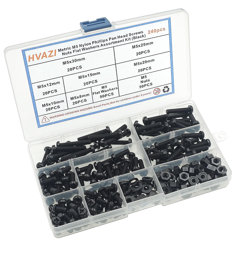 [Australia - AusPower] - Metric M5 Nylon Phillips Pan Head Screws Nuts Flat Washers Assortment Kit (Black-M5) Black-M5 