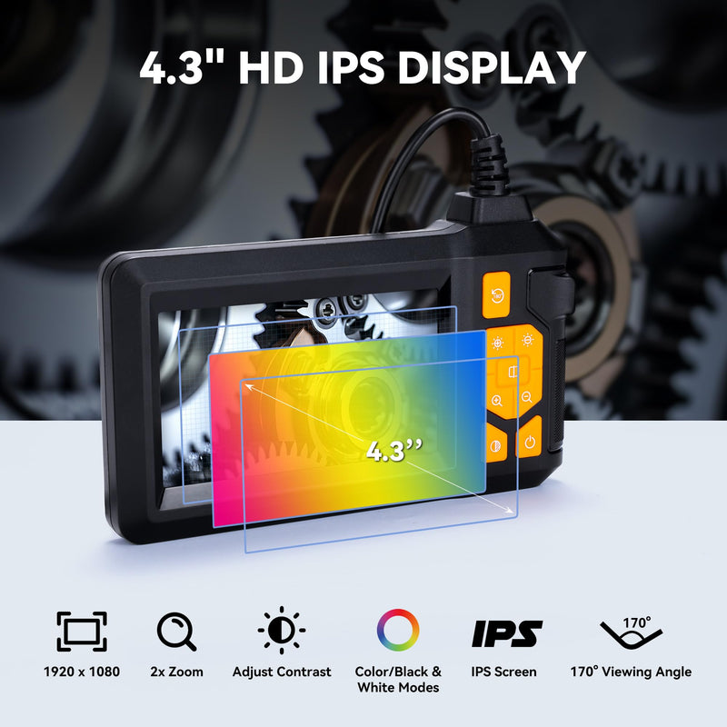 [Australia - AusPower] - 4.3" HD Endoscope Camera, IP67 Waterproof Inspection Borescope, 1080P Snake Camera with 8 LED Lights, 16.4FT Semi-Rigid Cable, Digital Sewer Camera for Home & Industrial Use 4.3" Single Len 