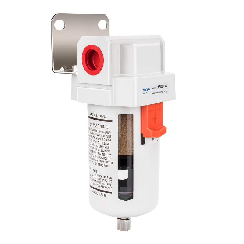 NANPU 1/2" NPT Compressed Air Line Filter, 5 Micron Brass Element, Bracket, Poly Bowl, 145 psi