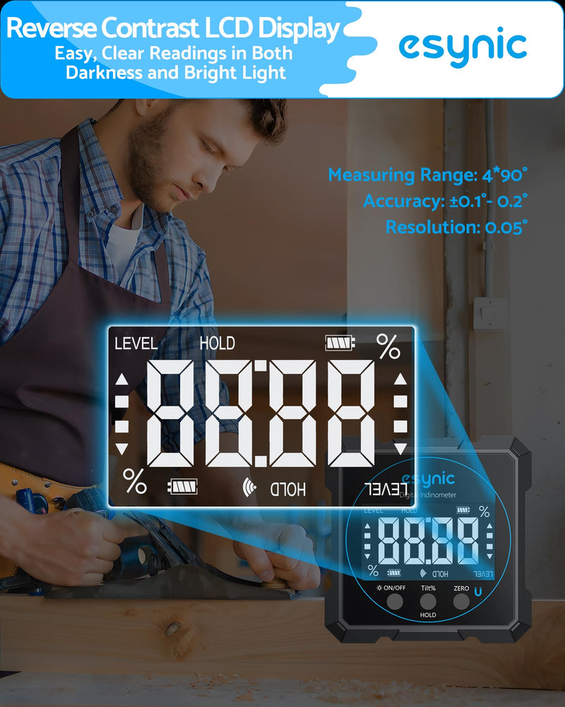 [Australia - AusPower] - eSynic Portable Digital Angle Finder with Laser -IP54 Waterpoof 4 Sides Magnetic Digital Inclinometer -Auto Off Backlight LCD Display Rechargeable Angle Gauge for Construction (Laser Level: Class II) 4 Side Magnetic Digital Angle Finder With Laser 