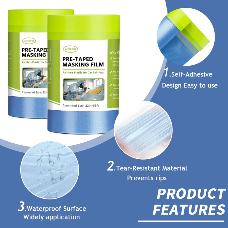 Pre-Taped Masking Film for Painting 22" x 66',Tear-Resistant Painters Plastic with Tape Painters Drop Cloth for Automotive & Home, Cover for Walls/Floors/Cars Protection (2 Rolls) 22" x 66' 2 rolls