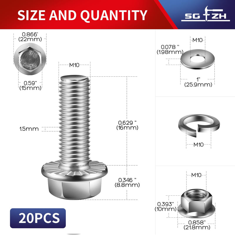 M10 x 16mm Flanged Hex Head Bolts, Nuts, Flat & Lock Washers, 20Pcs 18-8 (304) Stainless Steel, Fully Threaded, by SG TZH M10 x 16mm Silver 20