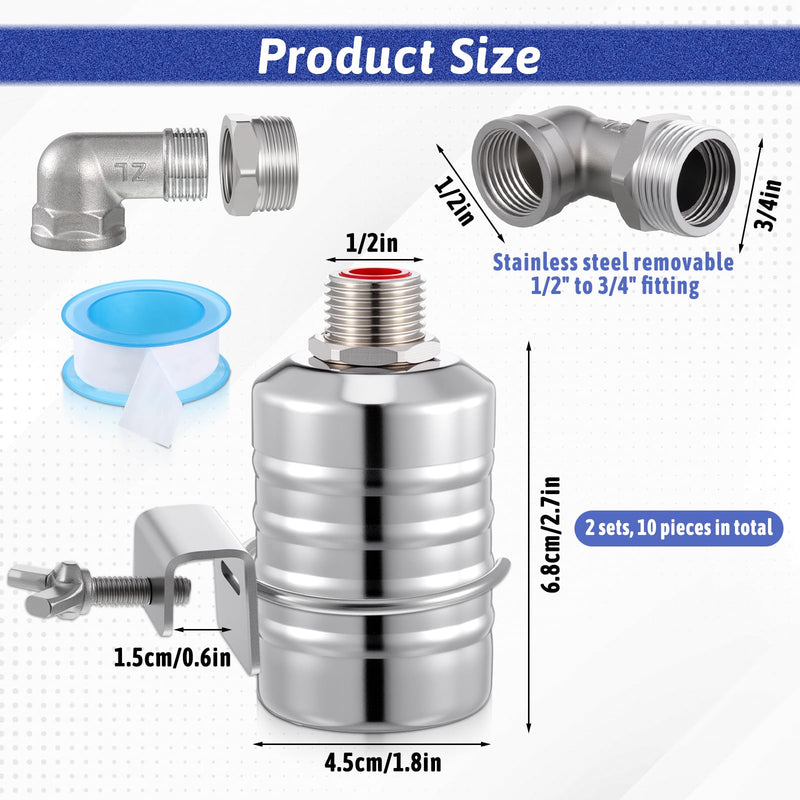 2 Packs 304 Stainless Steel Float Valve Automatic Water Level Control Float Valve 1/2" To 3/4'' Auto Shut off Water Tank Floats with Side/Top Entry for Fish Tank Swimming Pool Troughs