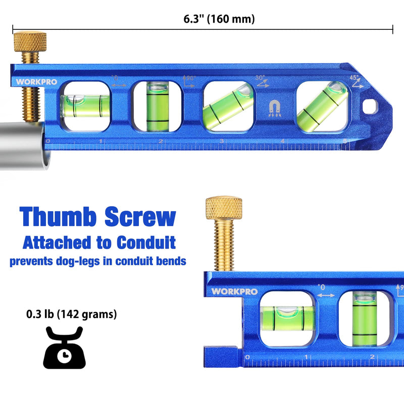 [Australia - AusPower] - WORKPRO Conduit Bending Level, Magnetic Torpedo Level, Pipe Level, Bubble Vials for 0°/90°/30°/45° Measurements, Aluminum Alloy Construction, 6.3-inch, Cobalt Blue 6.3inches 