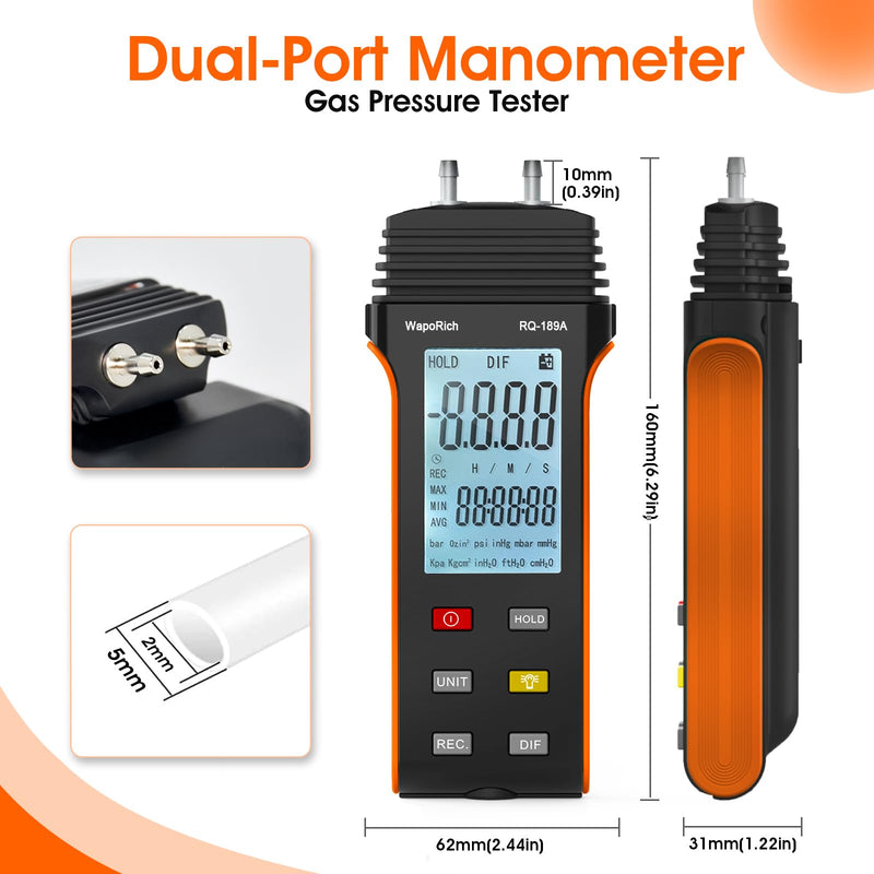 [Australia - AusPower] - Upgraded Manometer ±13.79Kpa/6Psi ±0.3% FS Accuracy HVAC Gas Pressure Tester Dual-Port Digital Manometer 11 Units Manometer Gas Pressure Tester with Backlight Data Record RQ-189A RQ-189A(Limit maximum pressure:6Psi) 