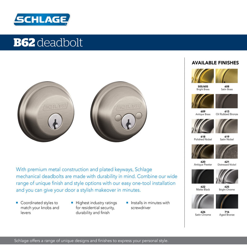 Schlage B62 N 626 Deadbolt, Keyed 2 Sides, Highest Residential Security, Satin Chrome