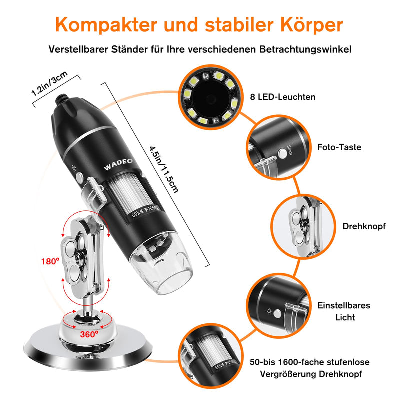 WADEO Digital Microscope, USB Microscope 1440P HD with 50X-1600X Magnification, Portable Inspection Camera, WiFi-Free, Wired Handheld Microscope with 8 LEDs and Stand, iOS, Android and Tablets Compatible