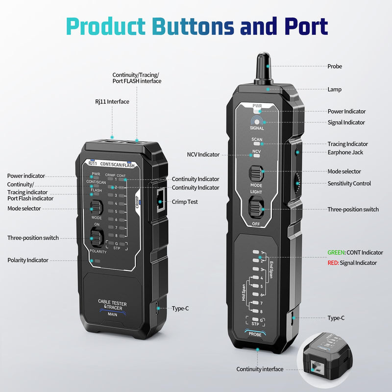 Network Cable Tester, RJ45 RJ11 Wire Tracer & Ethernet Tester, CAT5 CAT6 CAT6a CAT7 UTP STP, PoE NCV Crimp Test, 9-Wire Shield, Polarity, Line Finder for LAN Cable Maintenance
