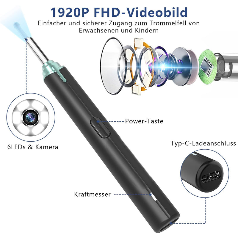 Earwax Remover Otoscope, VITCOCO 1920P Ear Cleaner, IP67 Waterproof Ear Cleaner, WiFi Otoscope Camera with 6 LEDs for iPhone, iPad and Android Smartphones, Black | IP67 Waterproof Lens Ohrreiniger, 230mAh Battery Ohr Reinigung Kompatibel mit Android-Sm...
