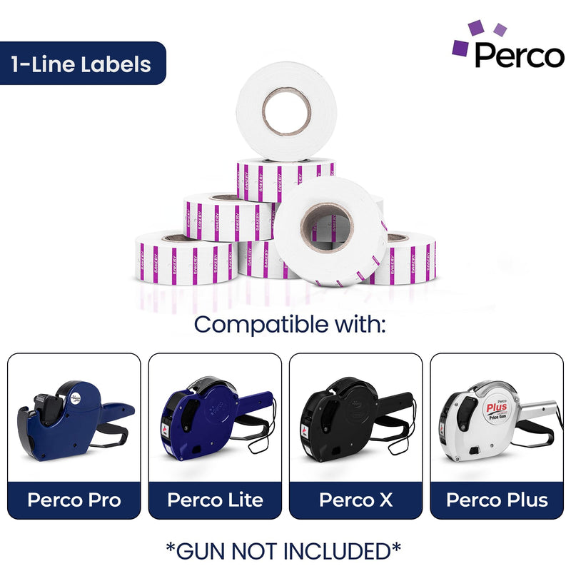 Perco 1 Line Purple Reverse Print on White Bakery Labels — 8,000 Labels for Perco Lite, X, Plus & Pro Guns—with Tamper-Proof Design for Marking Breads, Pastries, Cakes — 8 Rolls, 1 Sleeve—Made in USA
