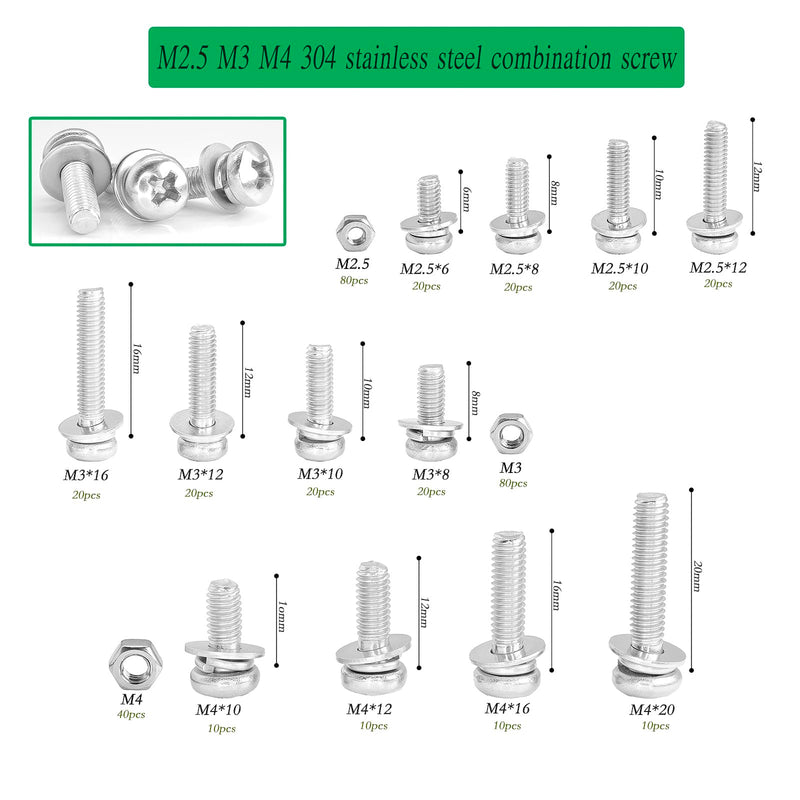 [Australia - AusPower] - Metric M2.5 M3 M4 304 Stainless Steel Phillips Pan Head Machine Screws Bolts Combine with Spring Washer and Plain Washers Nuts Assortment Kit.Bolts and Nuts Washers Assortment Kit sllver 400pcs Phillips Pan Head Combine screws 