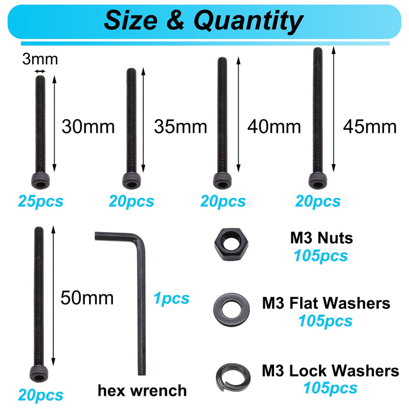 [Australia - AusPower] - 420PCS Black M3 Hex Socket Head Cap Screws, M3 x 30/35/40/45/50mm Metric Screws Bolts Nuts Washers Assortment Kit, 12.9 Grade Alloy Steel 