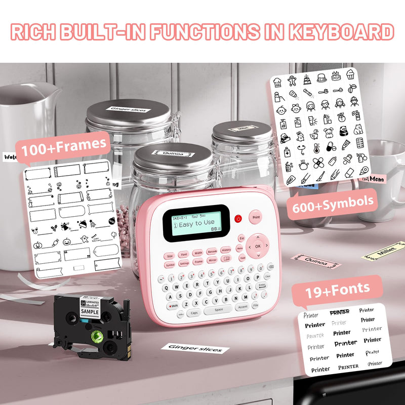 Pink Label Maker Machine with-Tape Waterproof, Portable Kids Label Maker, Keyboard Labeler Handheld, D210S Easy Labeler Machine with Multiple Fonts Frame Barcode for Home Office School Supplies Pink Label Maker label maker with 1 tape