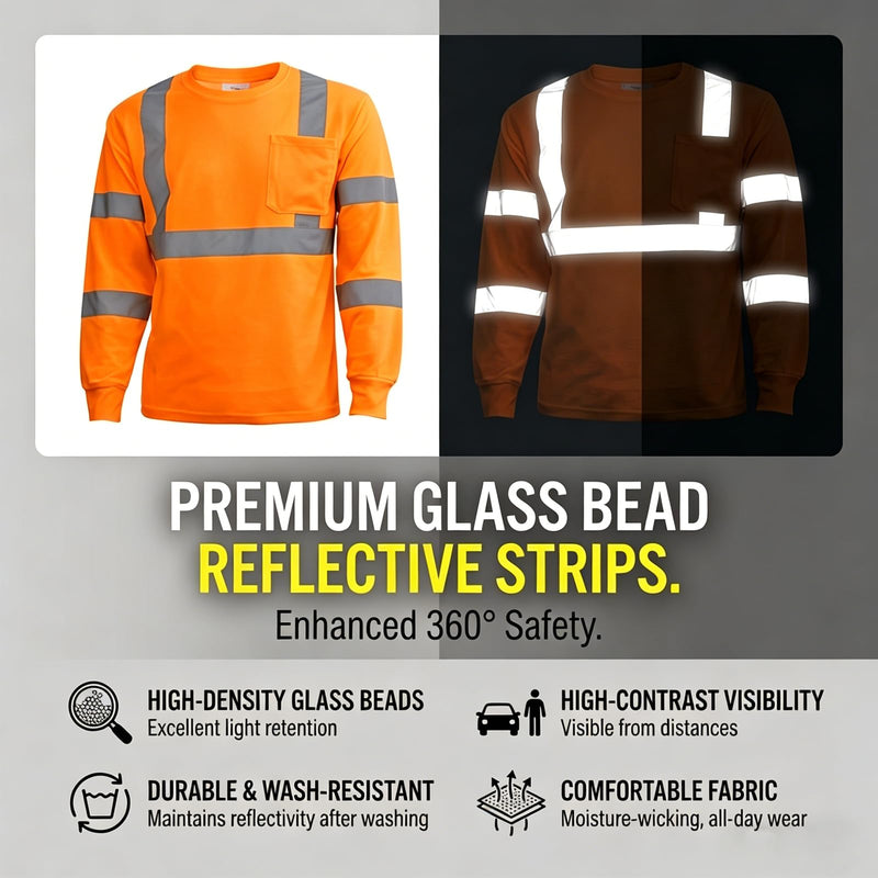 Class 2 High Visibility Shirts for Men Long Sleeve Work Shirts with Pockets Reflective Strips for Outdoor Work Large 3pcs Orange