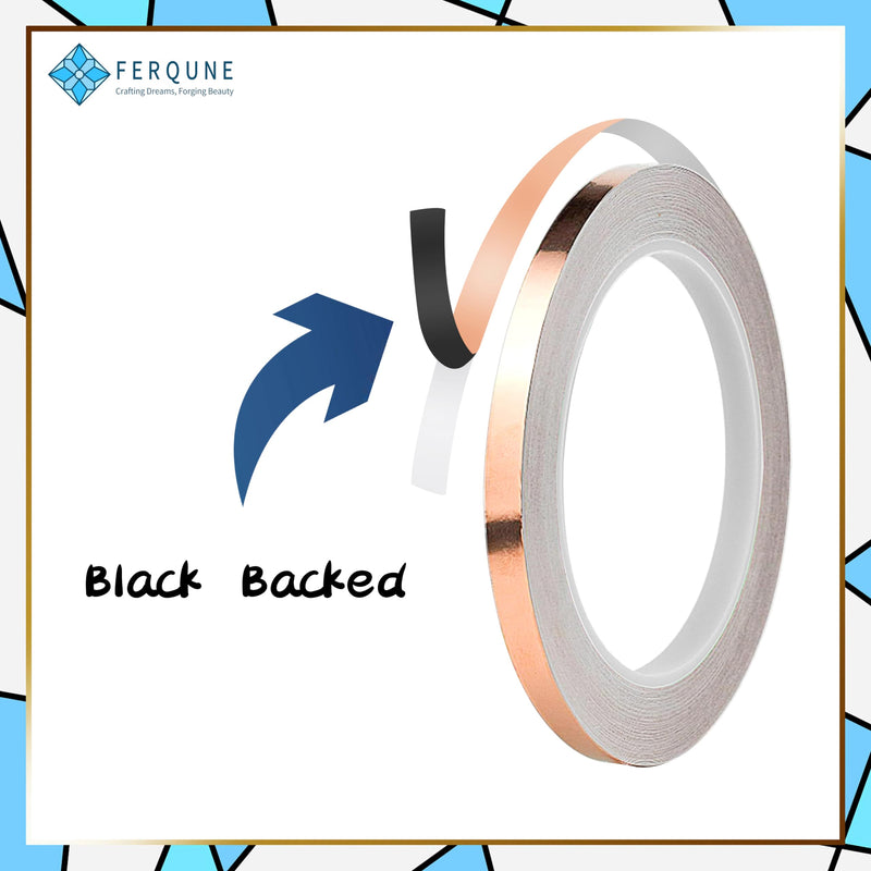 FERQUNE 3/16 Inch Black Backed Copper Foil Foil Tape for Stained Glass, 2 Rolls, 1 Burnisher