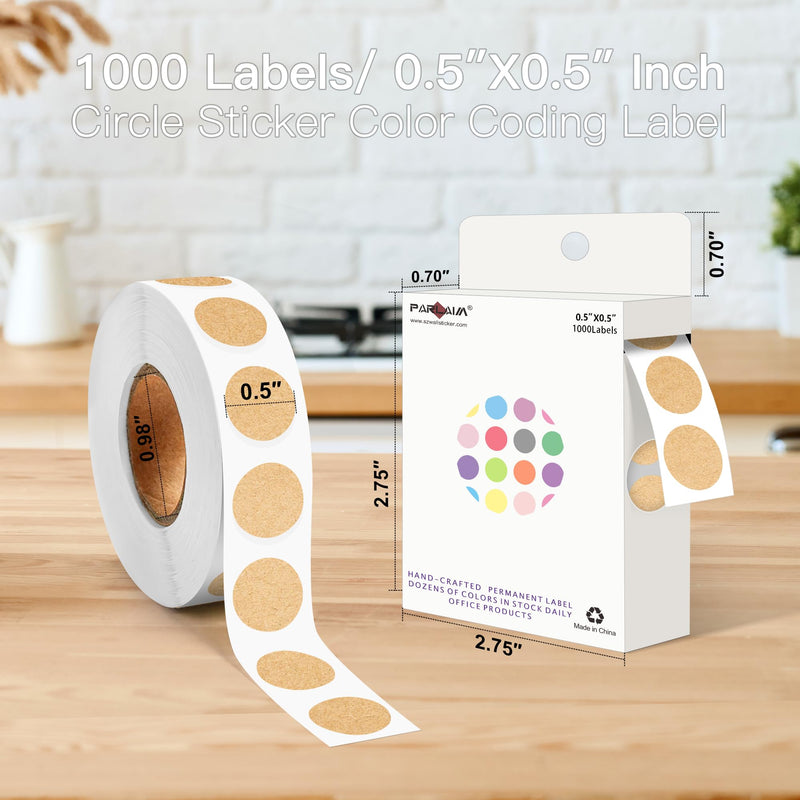 PARLAIM 1/2 Round Permanent Adhesive Color-Code Dot Stickers, 1000 Stickers Roll Dot Labels Dispenser Box Green Circle Labels Kraft 1 Roll-1000 Pack