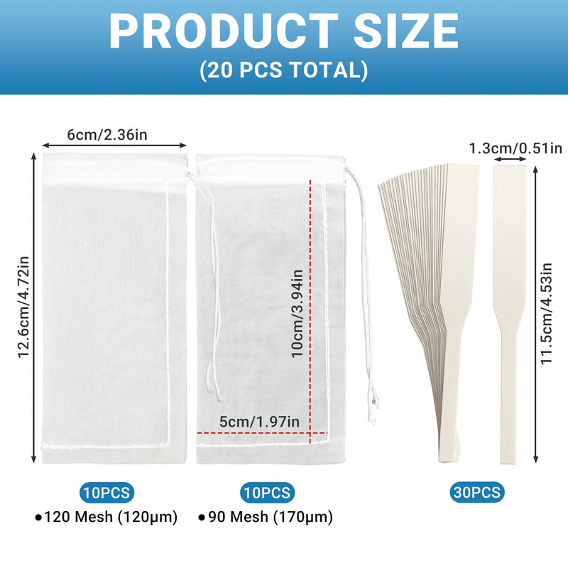 Pack of 20 Rosin Bags Nylon Press Bag Folded & Sewn for Oil Extraction, with Perfume Test Strips, Rosin Mesh Filter Bags Making Rosin (5 x 10 cm, 90 Micron / 120 Micron)
