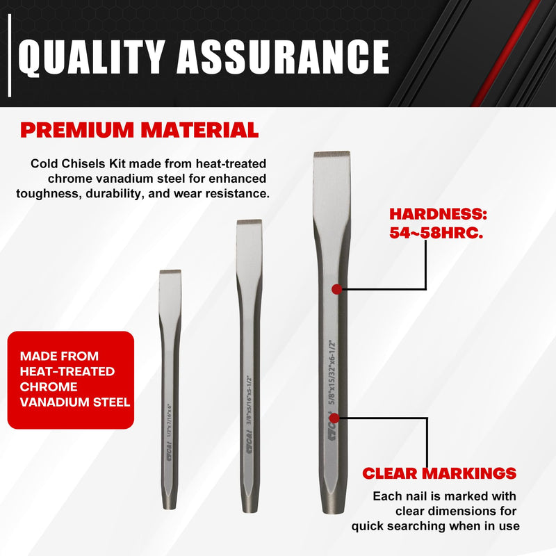 [Australia - AusPower] - C&T 3-Piece Heavy Duty All Purpose Cold Chisels Kit, 3/8, 1/2, 5/8 in, for Carpentry, Metalwork, Woodwork & Masonry work 
