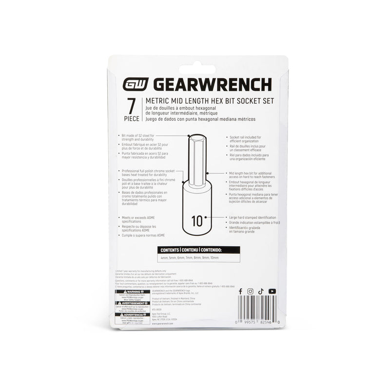 GEARWRENCH 7 Pc. 3/8" Drive Mid-Length Hex Bit Socket Set, Metric - 82546