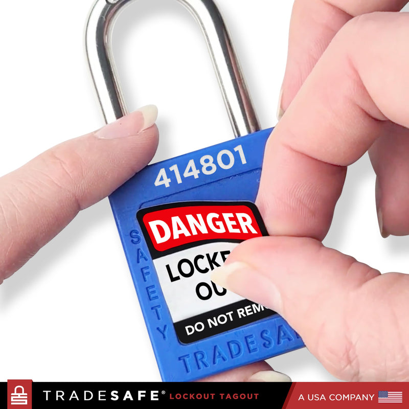 TRADESAFE Lockout Tagout Locks Label, Lock Out Tag Out Padlock Labels in English, Spanish, French, Danger Locked Out, Do Not Remove Loto Locks Stickers English, Spanish, French | 60-Pack