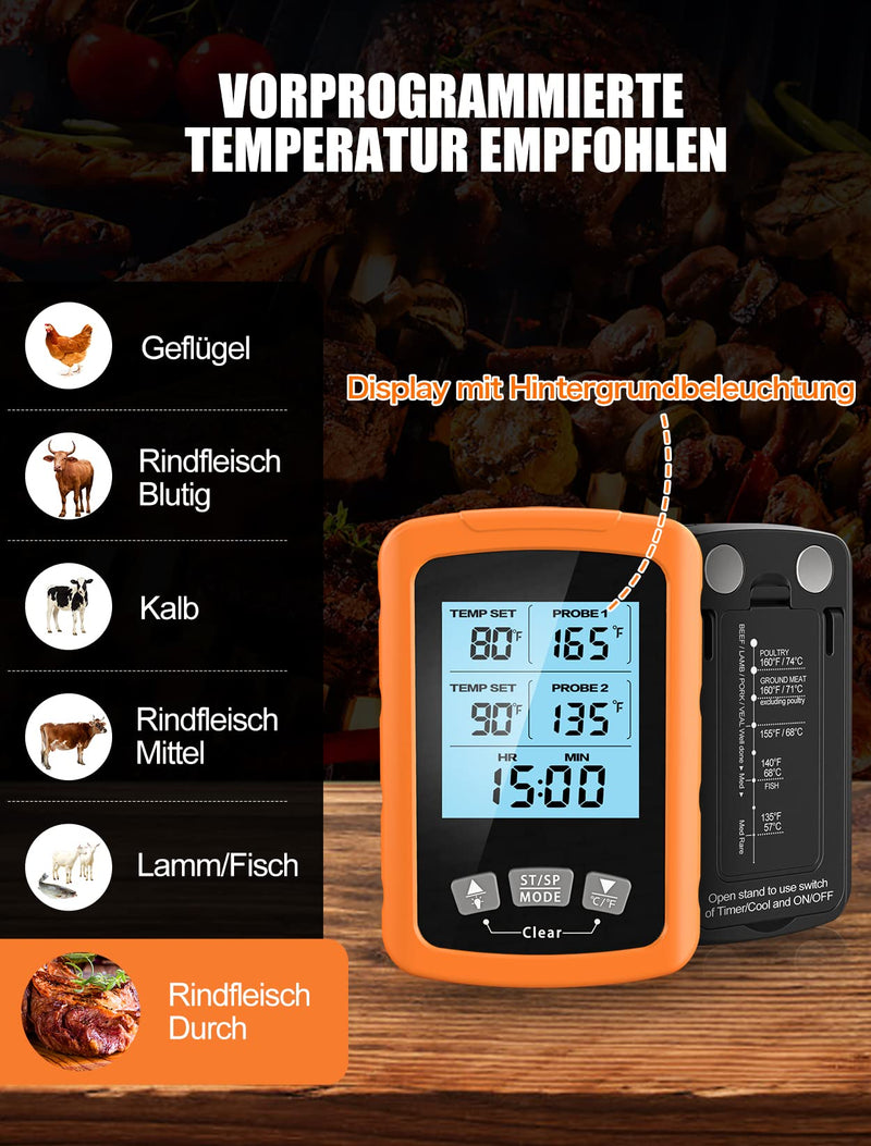[Australia - AusPower] - CIRYCASE Digital Meat Thermometer, Quick and Precise Read Oven Thermometer with Two 16.3 cm Stainless Steel Probes, Grill Thermometer with Auto On/Off, Timer & LCD Screen, for Cooking, BBQ, Kitchen orange 