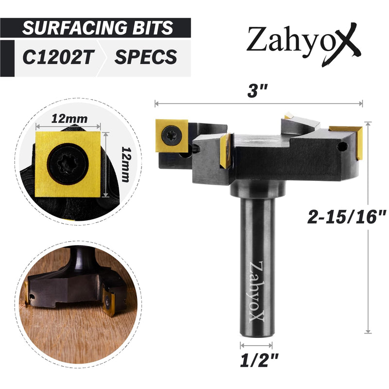 ZahyoX CNC Spoilboard Surfacing Router Bit, 1/2" Shank, 4 Wings, 3" Cutting Diameter, TiN Coated Insert Carbide Slab Flattening Router Bit, Planing Bit Wood Planer Bit for Woodworking 4-Wing