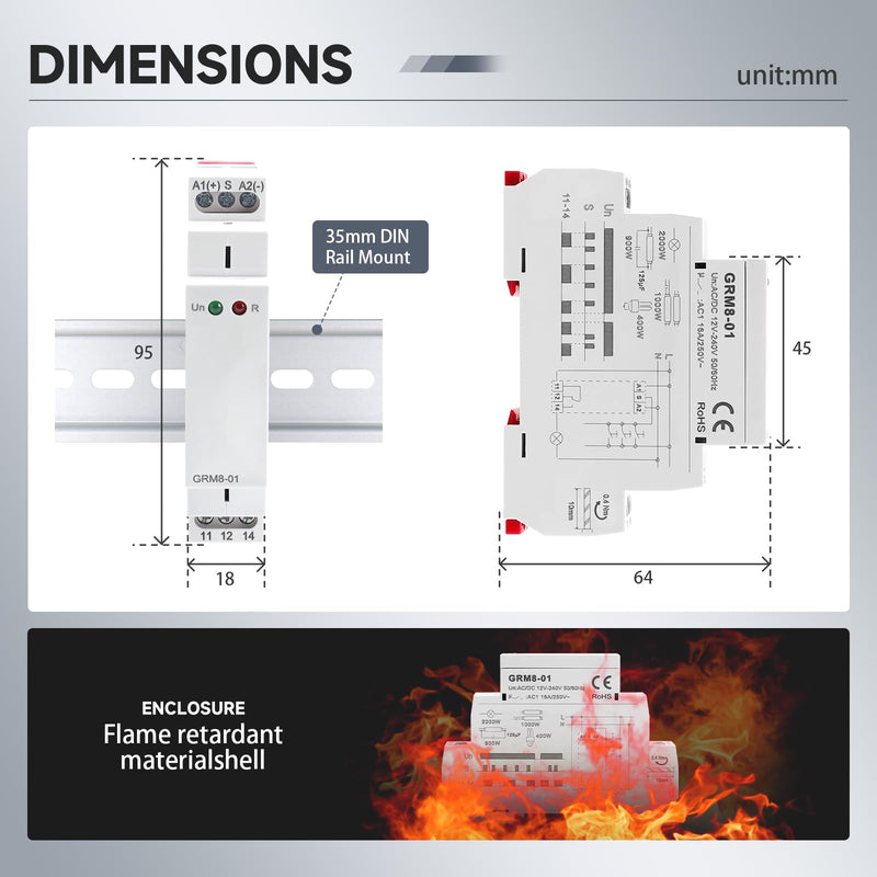 Electronic Impulse Latching Relay, GRM8-01 16A Memory Impulse Relay Wide Range Voltage AC DC 12V to 240V Pulse Relays Din Rail Mounted GRM8-01AC/DC12V~240V