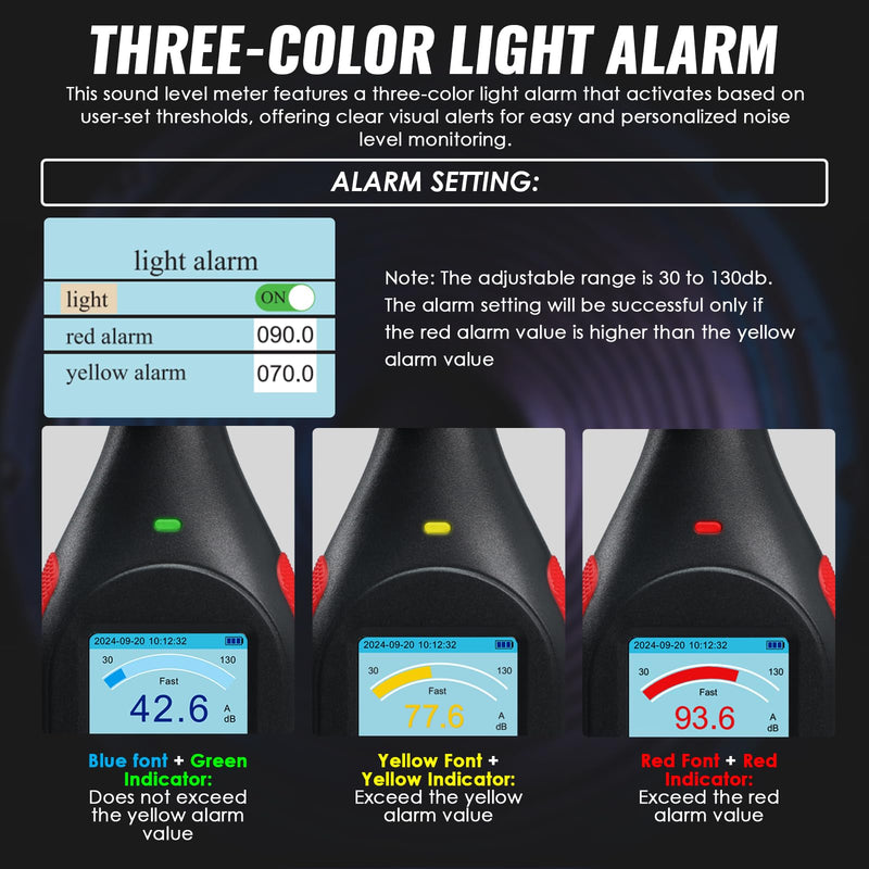 [Australia - AusPower] - Decibel Meter, Digital Sound Level Meter with Data Logging, 3-Color Alarm, A/C Weighted, HD Screen, 30-130dB Range, Rechargeable SPL Meter for Home, Classroom, Office, Factory 