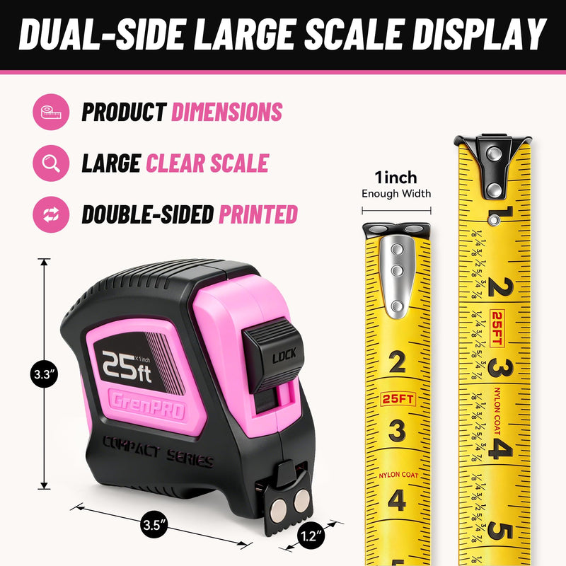 GRENPRO 25FT Magnetic Tape Measure, 1/8 Fractions Easy Read Double Sided Measuring Tape, Retractable Nylon Coated Tape with Magnetic Hook, Shock Absorbent Case for Construction, Carpentry, Woodworking Pink