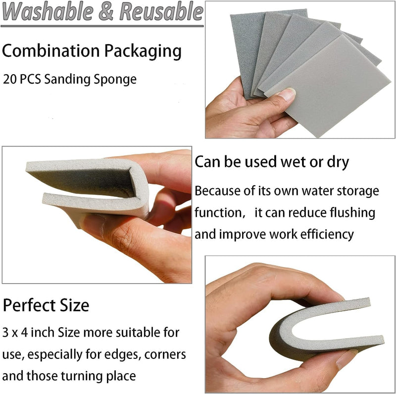 [Australia - AusPower] - 20 Pcs 3 x 4 Inch 600 Grit Sanding Sponge Set, Ultra Fine Sanding Sponges Pads, Soft Foam Hand Sander Block Wet Dry Sandpaper for Model Drywall Metal Wood Furniture Polishing (600 Grit) 