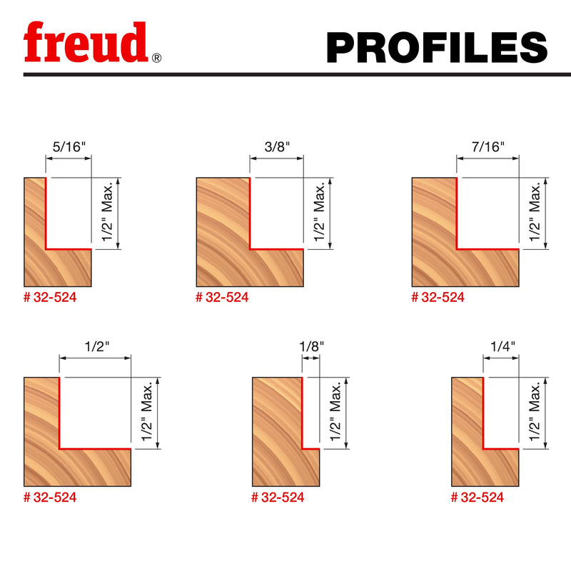 Freud Depth Rabbeting Bit with Interchangeable Bearings and Wrench for Furniture Makers, Cabinetmakers And Carpenters - 1/2" Height, 1-3/8" Dia., 2-1/4" Length, 1/2" Shank - 32-524