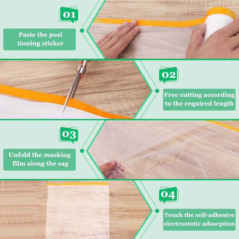 4 Pack Tape and Drape, 3 Sizes Pre-Taped Masking Film for Auto Painting Covering, 65.6 Ft/Pack Plastic Pre-Adhesived Dust Paint Protective Drop Film for Furniture, Car, Floor 3 Sizes x 65.6 Foot - 4 Rolls