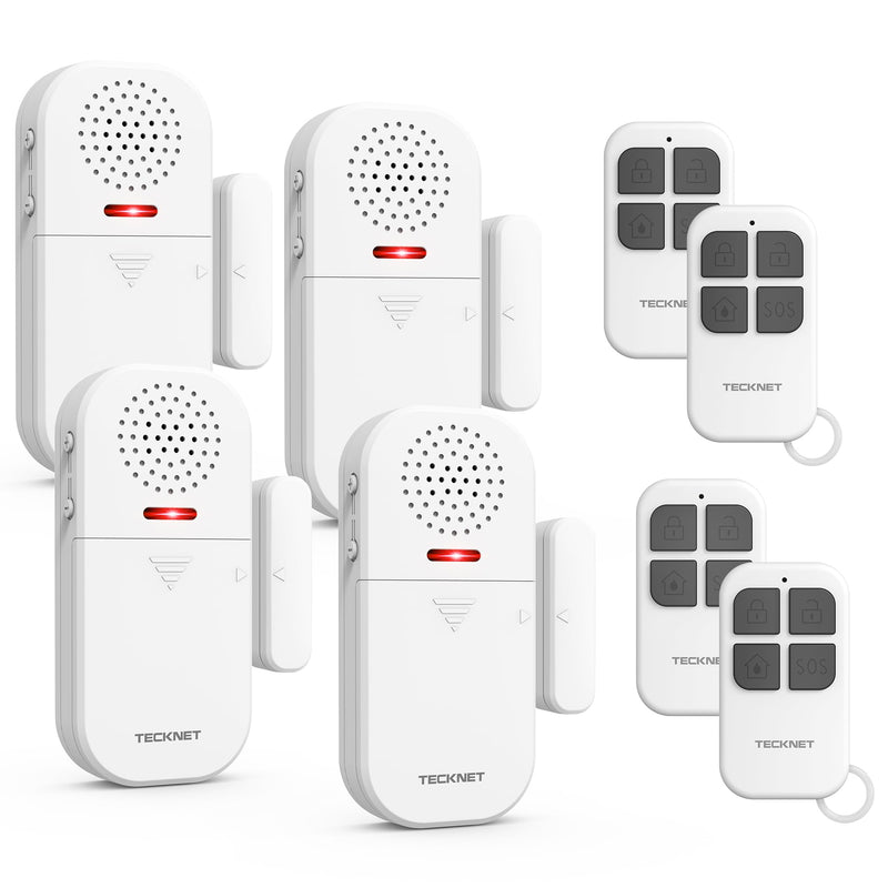 TECKNET Door Alarms When Opened for Kids Safety, 130dB Loud Adjustable Volume Window Alarm with Flashing LED, 4 Modes Door Alarm with Remote 60m/200ft, Easy to Install for Home Security, 4PCS White 4 PCS