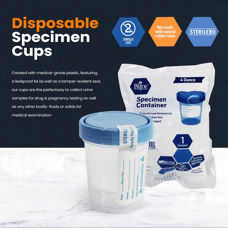 [Australia - AusPower] - MED PRIDE Disposable Specimen Cups 10-Pack| High-Grade Silicone, Sterile, Individually Wrapped Medical Cups W/Leakproof, Screw-On Lids & Tamper-Evident Seal| Urine, Fluid Sample Collection & More 