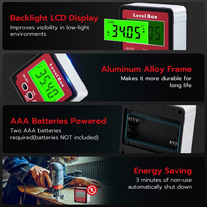 [Australia - AusPower] - Tolesum Protractor Digital Inclinometer with Magnetic Base, Level Box Angle Measuring Device Digital Spirit Level with Hold and LCD Display 