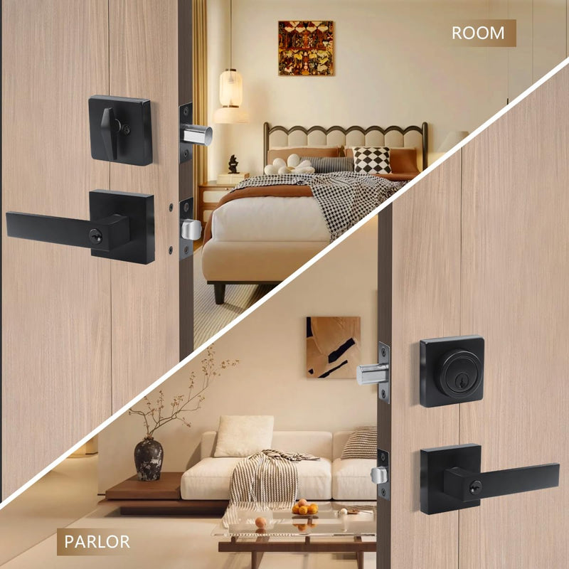 Exterior Door Handle,Entry Door locksets with deadbolt | Front Door Handle and Deadbolt Set,Matte Black Keyed Alike Heavy Duty Door Lever Locksets Right & Left Sided Doors 1 Pack