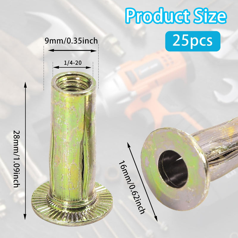 [Australia - AusPower] - 25Pcs 1/4-20 Multi Grip Rivet Nuts Pre Bulbed Shank Carbon Steel Color-Zinc-Plated Flat Head Threaded Insert Nut 
