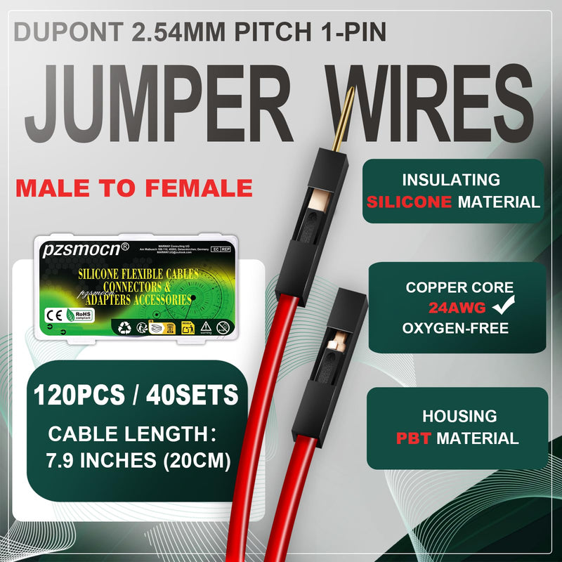 [Australia - AusPower] - Silicone Flexible Jumper Wires Breadboard 24AWG 20cm Long 40 Sets / 120 Pcs for Dupont 2.54 mm Pitch Connector 1-Pin Black Male-Female Header Solderless Electronic Adapter Ribbon Cable 1-Pin Female to Male Black with Cable 