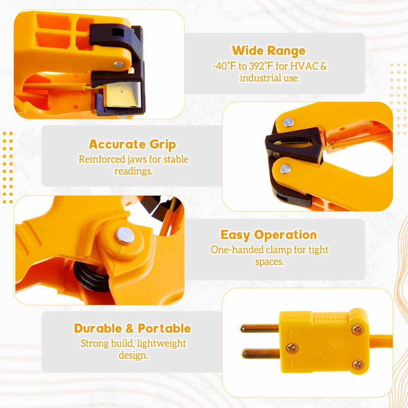 [Australia - AusPower] - 4 Pcs Temperature Clamp HVAC K Type Thermocouple Thermometer Lead Probe Pipe Clip Multimeter Sensor Jaw Clip Plumbing Clamp Measures -40~392℉ for Heating and Cooling System 