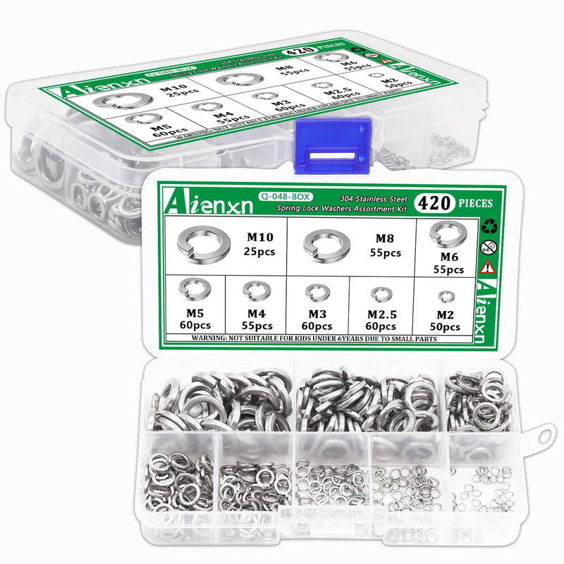 [Australia - AusPower] - 420PCS Metric Sizes 304 Stainless Steel Spring Lock Washers Assortment Kit- M2, M2.5, M3, M4, M5, M6, M8, M10, Prevent Loose Fasteners 420PCS 