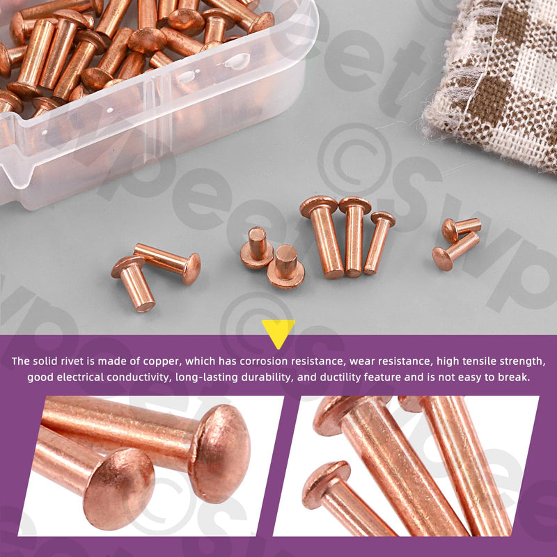 [Australia - AusPower] - Swpeet 270Pcs M2 M2.5 M3 Half Round Head Copper Solid Rivet Metal Fasteners Set, Copper Solid Rivets Rivet Fastener Ideal for Electrical Applications Belts Wallets Collars Leather DIY Craft Supplies 