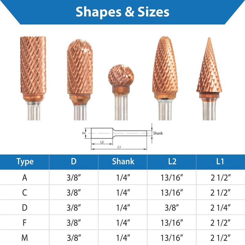 TJR® 3/8" head Carbide Burrs Set with 1/4" Shank 5pcs and ULTRACo Coating - Double Cut. For Steel, Stainless Steel, Hardened steel, and Aluminum, Wood for Grinding and Deburring applications