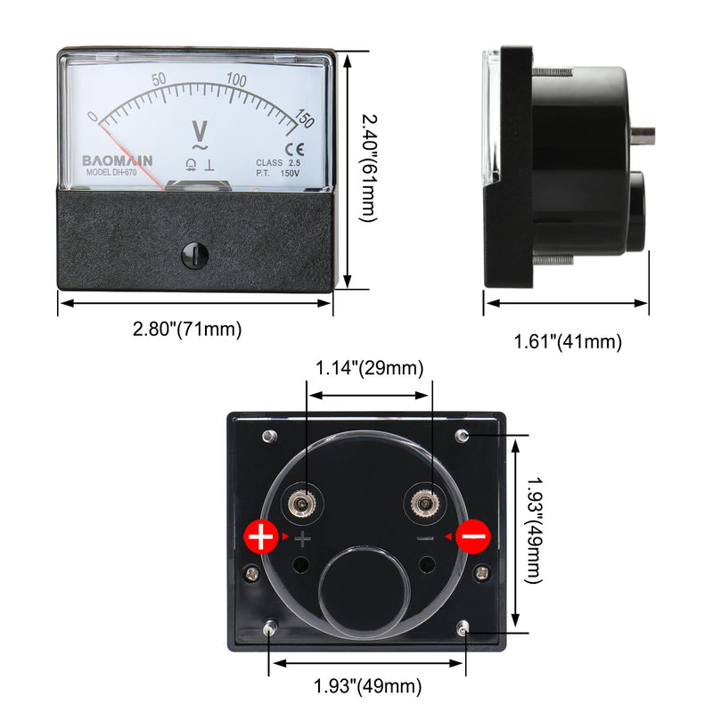 [Australia - AusPower] - Baomain Voltmeter DH-670 AC 0-150V Rectangular Class 2.5 Analog Panel Volt Voltage Meter 