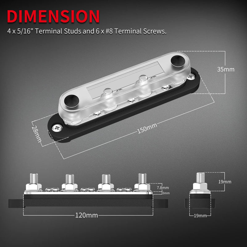 [Australia - AusPower] - DAIERTEK Negative Bus Bar 12V Marine 4 x 5/16" (M8) Terminal Studs 6 x M4 (#8) Terminal Screws Gound Bus Bar Black Negative Power Distribution Block for Automotive Boat Solar System 